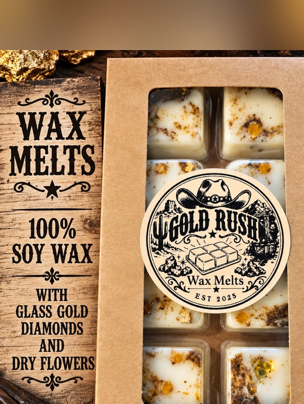 Gold Rush 100% Soy Wax Melts Enchanted Castle Garden Dry Flowers Glass Gold
